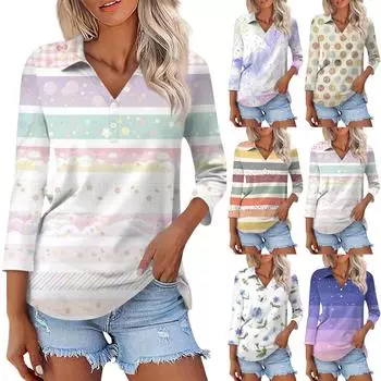 Женская модная повседневная рубашка на пуговицах с рукавом три четверти и полосатым принтом с лацканами L темно-фиолетового