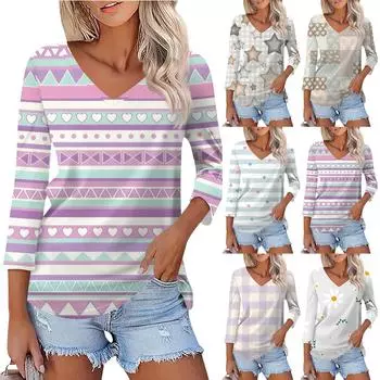 Женская модная повседневная рубашка на пуговицах с рукавом три четверти и полосатым принтом с V-образным вырезом L темно-фиолетового