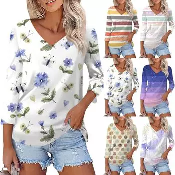 Женская модная повседневная рубашка на пуговицах с рукавом три четверти и полосатым принтом с V-образным вырезом L коричневый