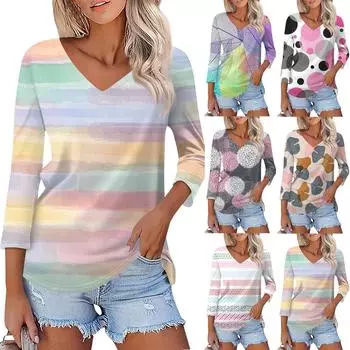 Женская модная повседневная рубашка на пуговицах с рукавом три четверти и полосатым принтом с V-образным вырезом L темно-фиолетового