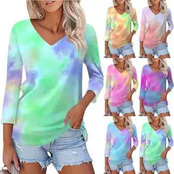 Женская модная повседневная рубашка на пуговицах с рукавом три четверти и полосатым принтом с V-образным вырезом M