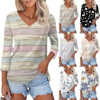 Женская модная повседневная рубашка на пуговицах с рукавом три четверти и полосатым принтом с V-образным вырезом L чёрный