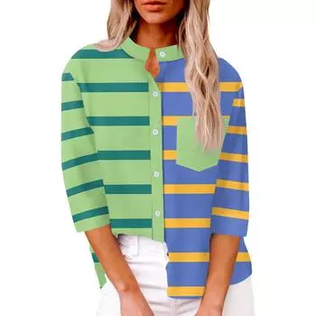 Женская модная повседневная рубашка на пуговицах, свободный топ с семью рукавами в полоску и лоскутным принтом XL зелёный