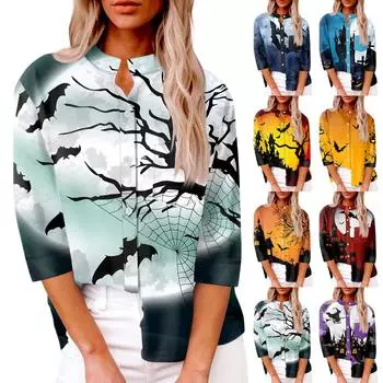 Женская модная повседневная рубашка на пуговицах, свободный топ с семью рукавами и принтом на Хэллоуин XXL оранжевый