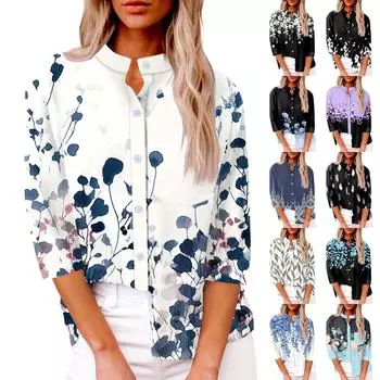 Женская модная повседневная рубашка на пуговицах, свободный топ из семи рукавов с винтажным цветочным принтом XXXL розовый