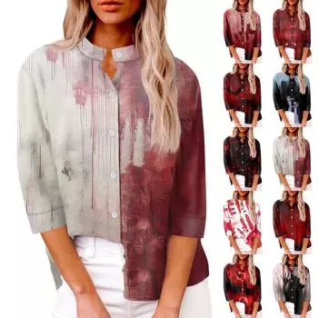 Женская модная повседневная рубашка на пуговицах, свободный топ с семью рукавами и принтом на Хэллоуин XL хаки