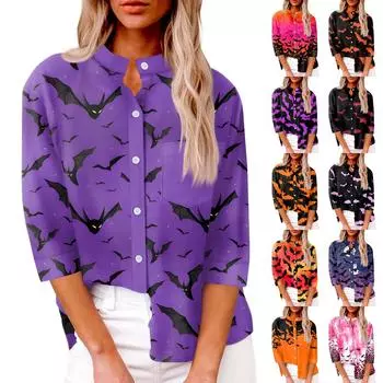 Женская модная повседневная рубашка на пуговицах, свободный топ с семью рукавами и принтом на Хэллоуин S красный