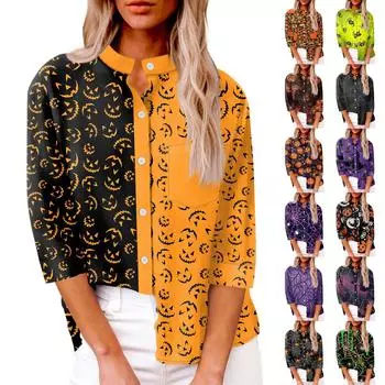 Женская модная повседневная рубашка на пуговицах, свободный топ с семью рукавами и принтом на Хэллоуин S
