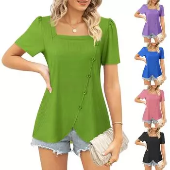 Женская модная повседневная рубашка, однотонный пуловер с квадратным воротником, свободная футболка L чёрный