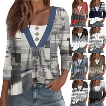 Женская модная повседневная рубашка с длинным рукавом, геометрическим принтом, пуговицами, V-образным вырезом S белый