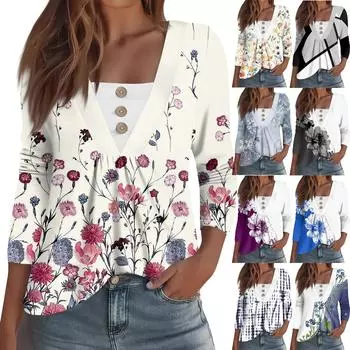 Женская модная повседневная рубашка с длинным рукавом, цветочным принтом, пуговицами, V-образным вырезом XL