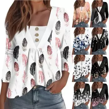 Женская модная повседневная рубашка с длинным рукавом, цветочным принтом, пуговицами, V-образным вырезом XXL белый