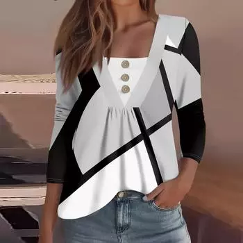 Женская модная повседневная рубашка с длинным рукавом, цветочным принтом, пуговицами, V-образным вырезом S синий