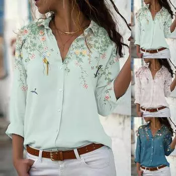 Женская модная повседневная рубашка с длинными рукавами и пуговицами с принтом, верхняя блузка One size зелёный