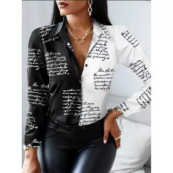 Женская модная повседневная рубашка с длинными рукавами и пуговицами с принтом, верхняя блузка M чёрный
