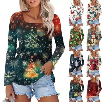 Женская модная повседневная рубашка с длинными рукавами и рождественским принтом с квадратным вырезом и длинными рукавами XXXL красный