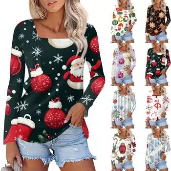 Женская модная повседневная рубашка с длинными рукавами и рождественским принтом с квадратным вырезом и длинными рукавами XXL
