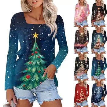 Женская модная повседневная рубашка с длинными рукавами и рождественским принтом с квадратным вырезом и длинными рукавами S красный