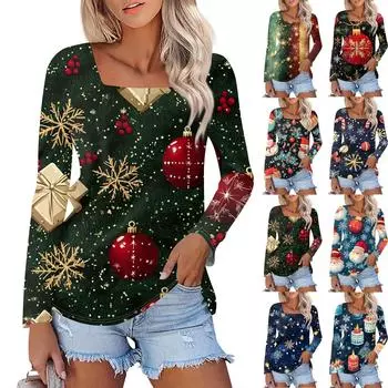 Женская модная повседневная рубашка с длинными рукавами и рождественским принтом с квадратным вырезом и длинными рукавами XL