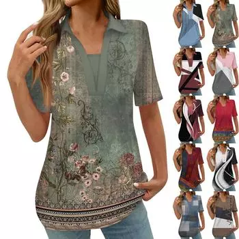 Женская модная повседневная рубашка с коротким рукавом с винтажным принтом на пуговицах, блузка L армия зеленый