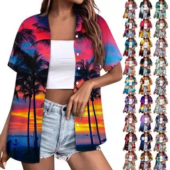 Женская модная повседневная рубашка с короткими рукавами и цветочным принтом, пуговицы с лацканами, верхняя блузка L чёрный