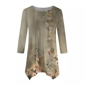 Женская модная повседневная рубашка с круглым вырезом и цветочным принтом, рукавами-семью, свободным удобным топом с поясом L армия зеленый