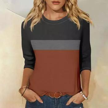 Женская модная повседневная рубашка с круглым вырезом и рукавами 3/4, свободная футболка с принтом, женский топ L коричневый