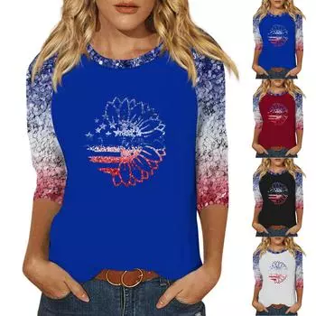 Женская модная повседневная рубашка с круглым вырезом и рукавами 3/4, свободная футболка с принтом, женский топ L чёрный