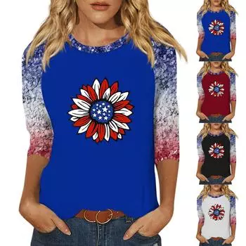 Женская модная повседневная рубашка с круглым вырезом и рукавами 3/4, свободная футболка с принтом, женский топ L чёрный
