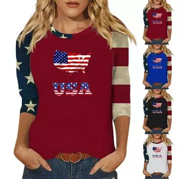 Женская модная повседневная рубашка с круглым вырезом и рукавами 3/4, свободная футболка с принтом, женский топ L чёрный