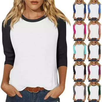 Женская модная повседневная рубашка с круглым вырезом и рукавами 3/4, свободная футболка с принтом, женский топ L чёрный