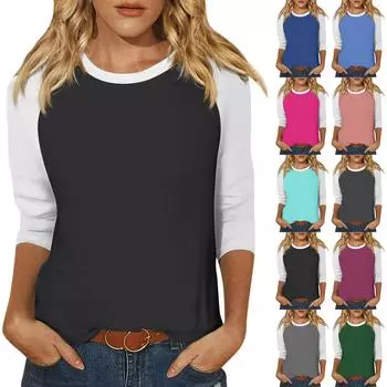 Женская модная повседневная рубашка с круглым вырезом и рукавами 3/4, свободная футболка с принтом, женский топ L чёрный