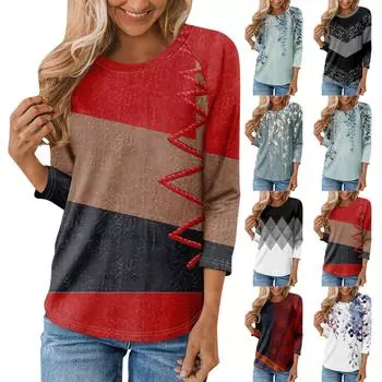 Женская модная повседневная рубашка с круглым вырезом и рукавами 3/4, свободная футболка с принтом, женский топ L чёрный