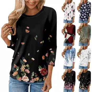 Женская модная повседневная рубашка с круглым вырезом и рукавами 3/4, свободная футболка с принтом, женский топ M красный