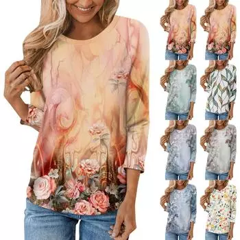Женская модная повседневная рубашка с круглым вырезом и рукавами 3/4, свободная футболка с принтом, женский топ XXXL