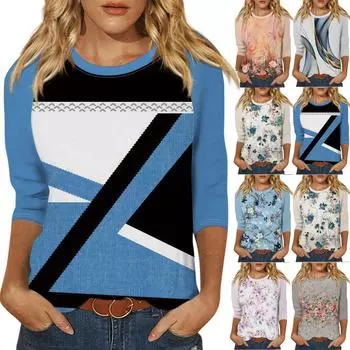 Женская модная повседневная рубашка с круглым вырезом и рукавами 3/4, свободная футболка с принтом, женский топ L розовый