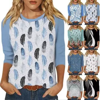 Женская модная повседневная рубашка с круглым вырезом и рукавами 3/4, свободная футболка с принтом, женский топ M синий