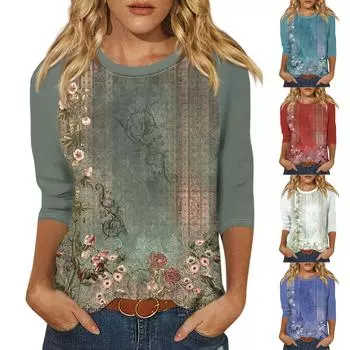 Женская модная повседневная рубашка с круглым вырезом и рукавами 3/4, свободная футболка с принтом, женский топ L зелёный
