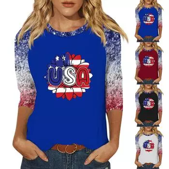 Женская модная повседневная рубашка с круглым вырезом и рукавами 3/4, свободная футболка с принтом, женский топ L чёрный