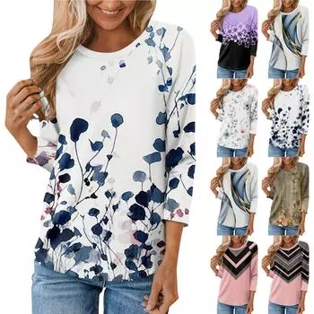 Женская модная повседневная рубашка с круглым вырезом и рукавами 3/4, свободная футболка с принтом, женский топ S чёрный