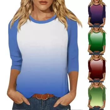 Женская модная повседневная рубашка с круглым вырезом и рукавами 3/4, свободная футболка с принтом, женский топ L синий