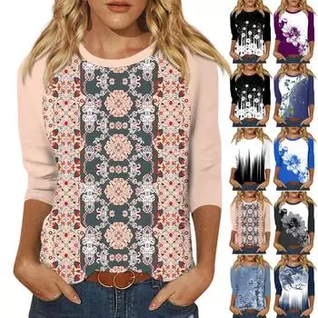 Женская модная повседневная рубашка с круглым вырезом и рукавами 3/4, свободная футболка с принтом, женский топ XXXL синий