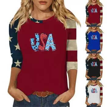 Женская модная повседневная рубашка с круглым вырезом и рукавами 3/4, свободная футболка с принтом, женский топ L чёрный