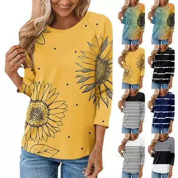 Женская модная повседневная рубашка с круглым вырезом и рукавами 3/4, свободная футболка с принтом, женский топ L чёрный