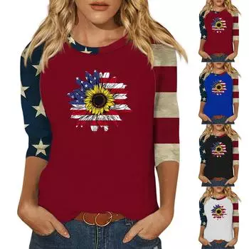 Женская модная повседневная рубашка с круглым вырезом и рукавами 3/4, свободная футболка с принтом, женский топ L чёрный