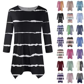 Женская модная повседневная рубашка с круглым вырезом в полоску и принтом, с рукавами-семью точками, с поясом, свободный удобный топ L армия зеленый