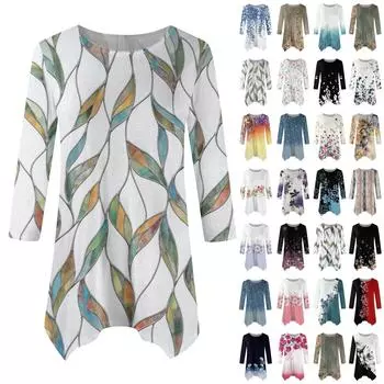 Женская модная повседневная рубашка с круглым вырезом и цветочным принтом, рукавами-семью, свободным удобным топом с поясом L армия зеленый