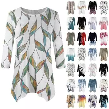 Женская модная повседневная рубашка с круглым вырезом и цветочным принтом, рукавами-семью, свободным удобным топом с поясом XXXL фиолетовый