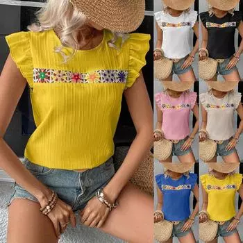 Женская модная повседневная рубашка с круглым вырезом и короткими рукавами из кружева L чёрный