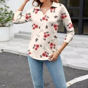 Женская модная повседневная рубашка с лацканами и цветочным принтом на пуговицах с рукавами 3/4 XXL